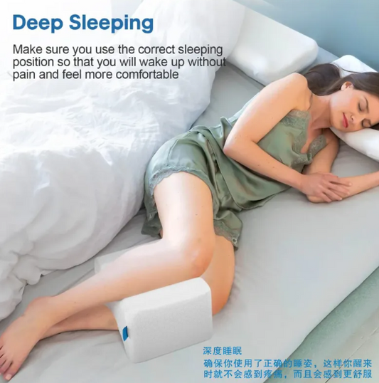 Woman side sleeping with knee pillow