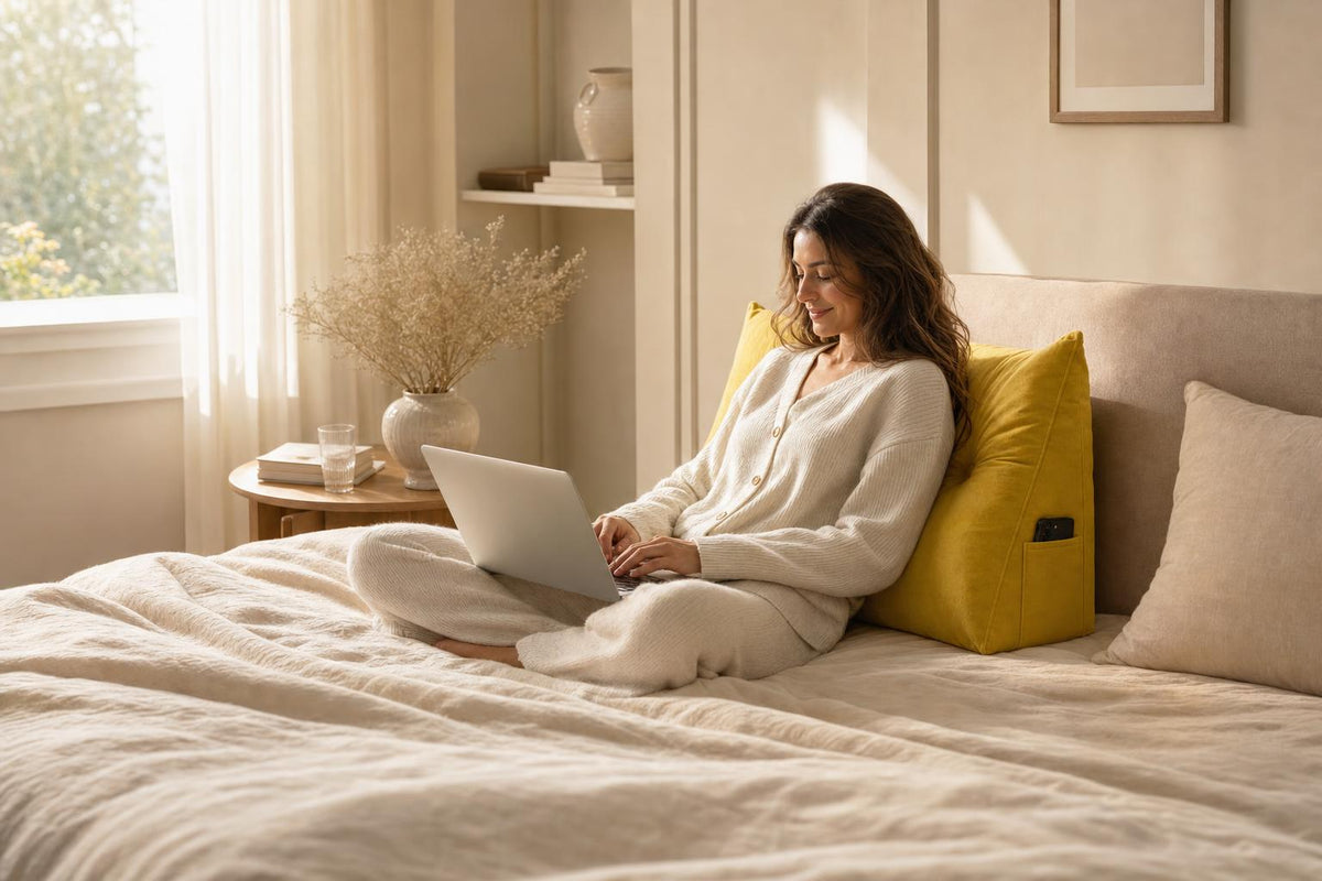 Woman working on a laptop against the tufted backrest cushion, daytime