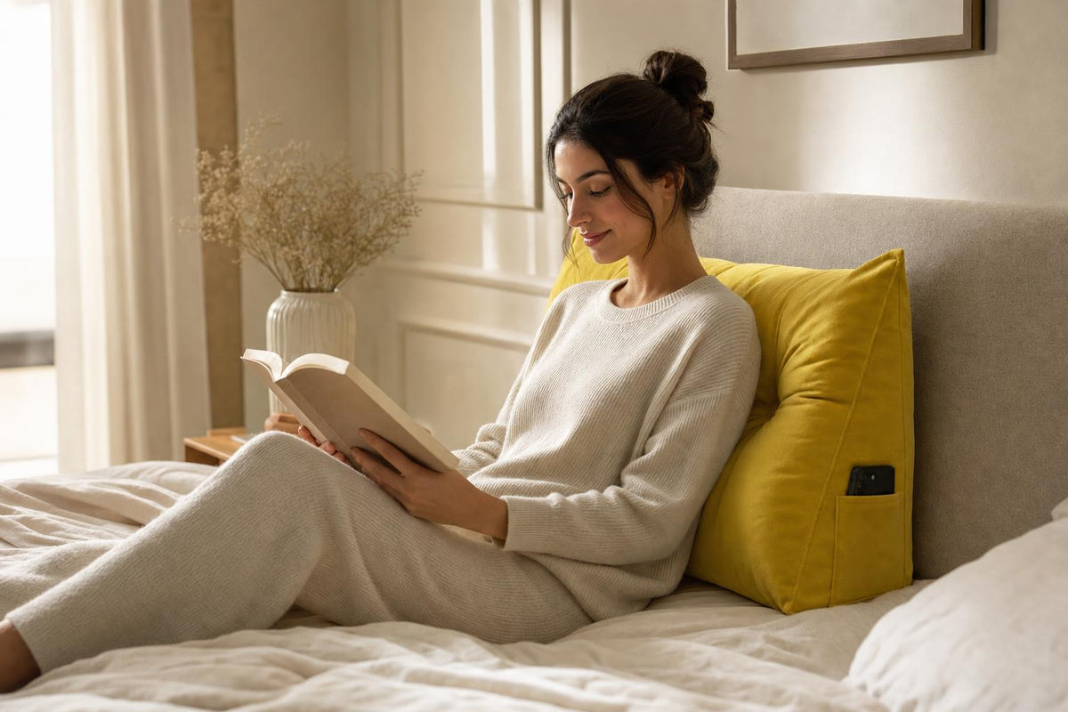 Woman reading in bed against the tufted backrest cushion